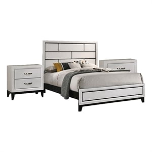 Queen Bedroom Set- White- Black- Nickel Wood- 3 Piece Set with 2 Nightstands