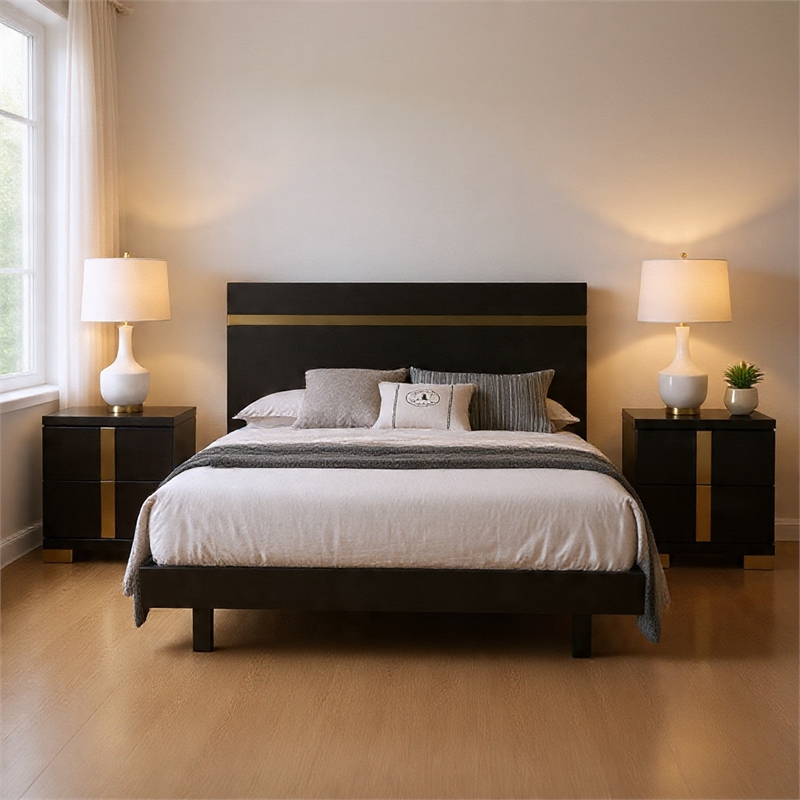 Queen Bedroom Set- Black- Gold Wood- 3 Piece Set with 2 Nightstands