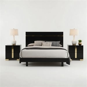 Queen Bedroom Set- Black- Gold Wood- 3 Piece Set with 2 Nightstands