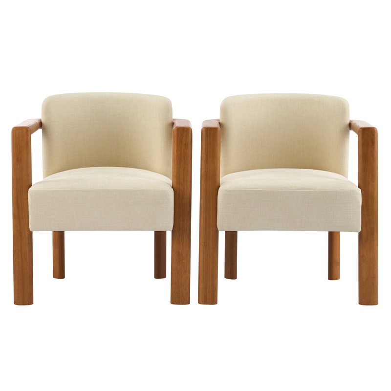 Dining Armchair Set of 2- Curved Back- Beige Upholstered Cushioned Seat