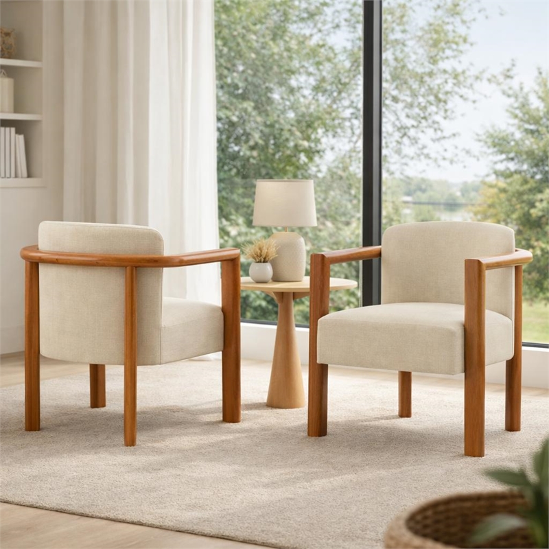 Dining Armchair Set of 2- Curved Back- Beige Upholstered Cushioned Seat