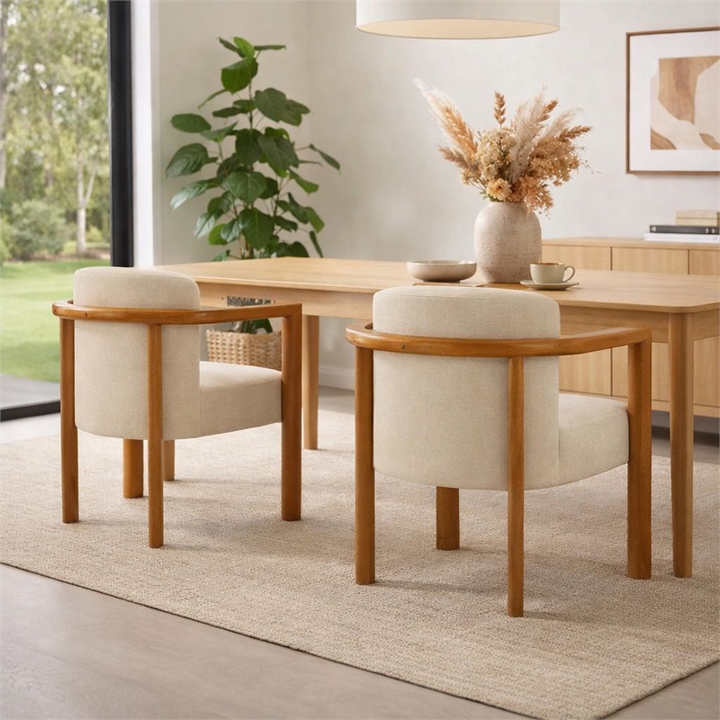 Dining Armchair Set of 2- Curved Back- Beige Upholstered Cushioned Seat