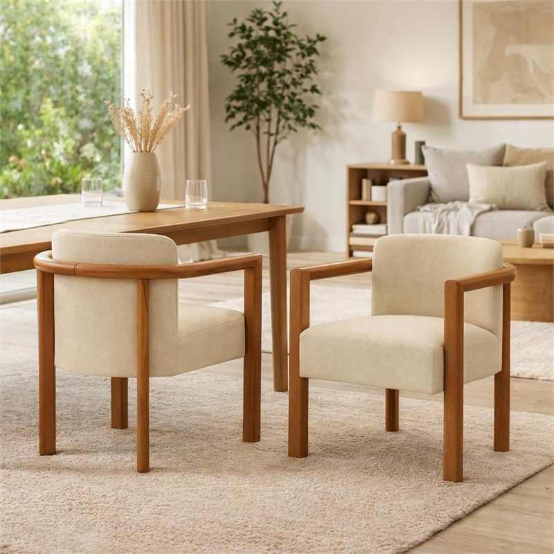 Dining Armchair Set of 2- Curved Back- Beige Upholstered Cushioned Seat