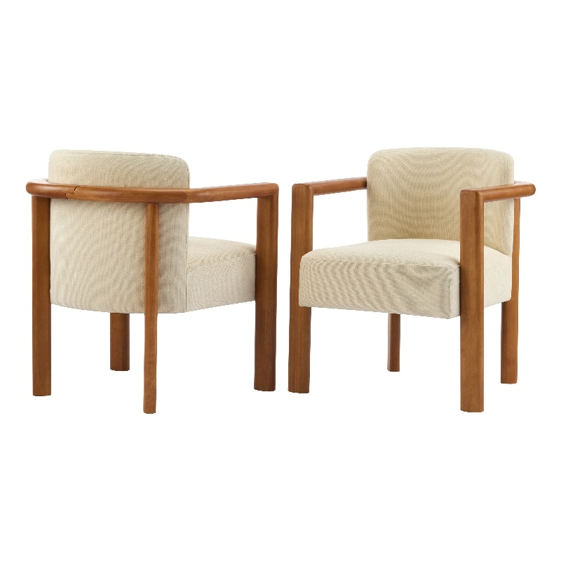 Dining Armchair Set of 2- Curved Back- Beige Upholstered Cushioned Seat