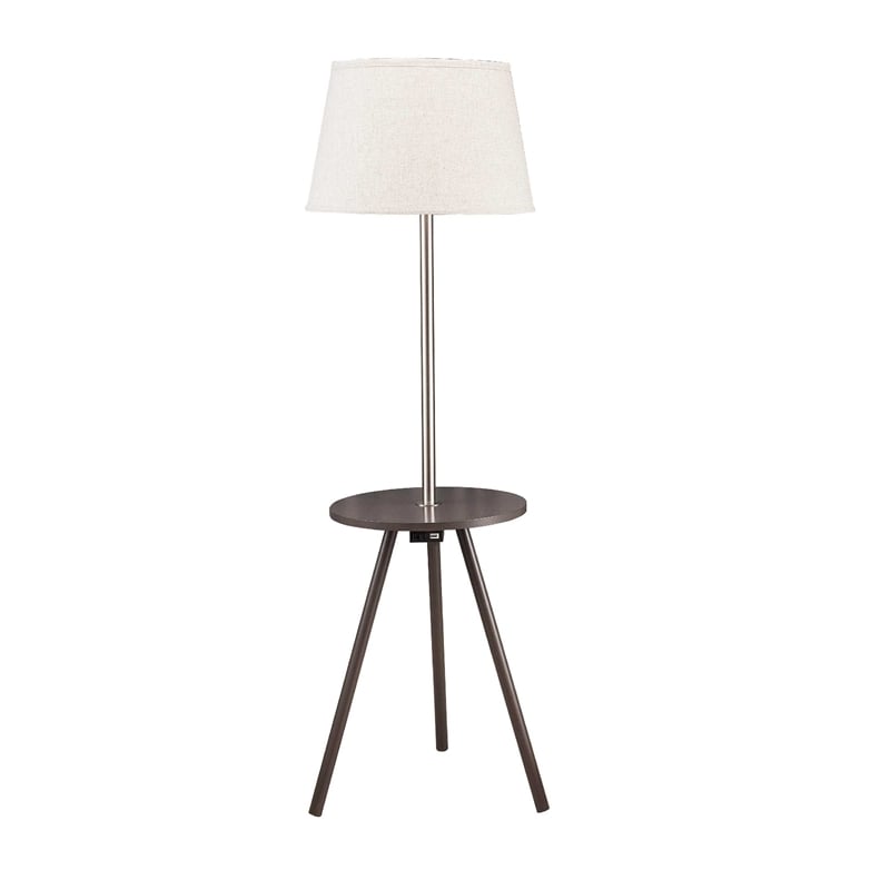 Accent Table Lamp w Side End Table- White Drum Shade- Espresso Brown