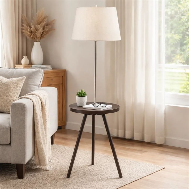 Accent Table Lamp w Side End Table- White Drum Shade- Espresso Brown