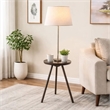 Accent Table Lamp w Side End Table- White Drum Shade- Espresso Brown