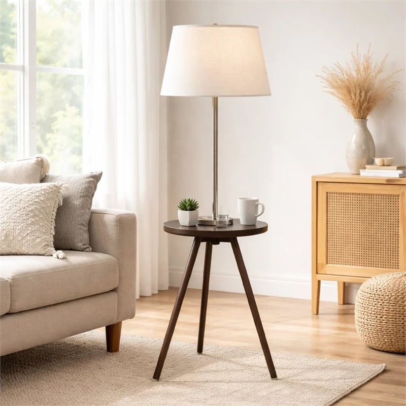 Accent Table Lamp w Side End Table- White Drum Shade- Espresso Brown