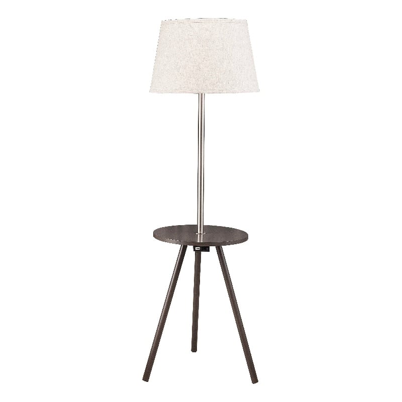 Accent Table Lamp w Side End Table- White Drum Shade- Espresso Brown