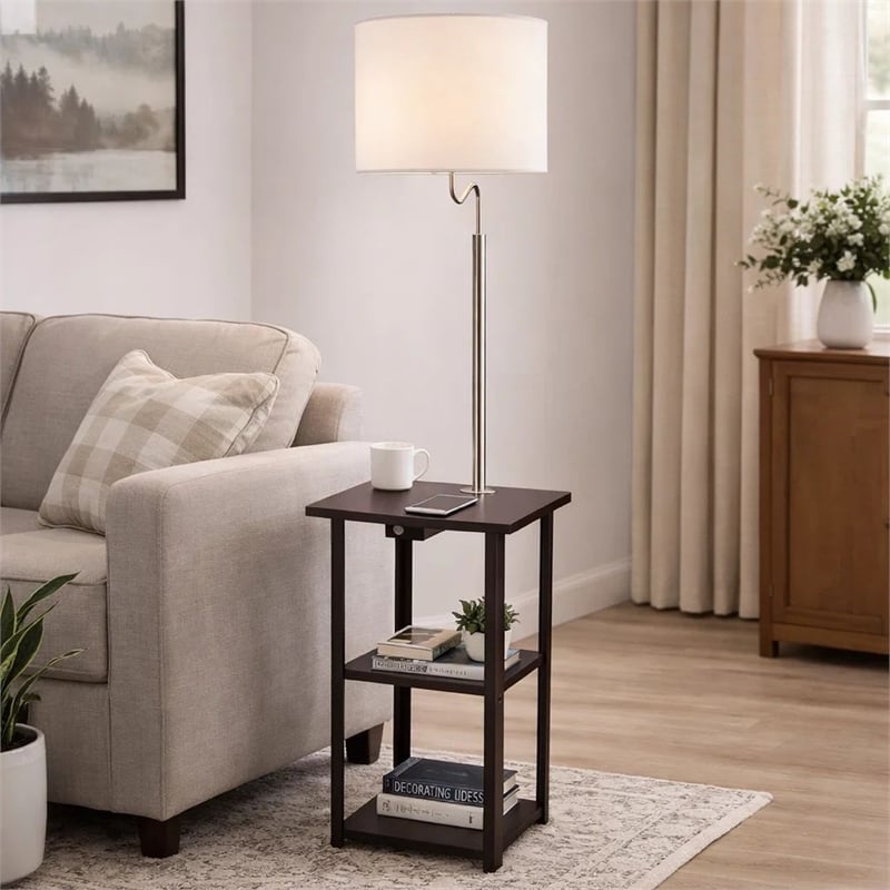 Accent Table Lamp with Shelves and USB Ports- 58 Inch- White Drum Shade