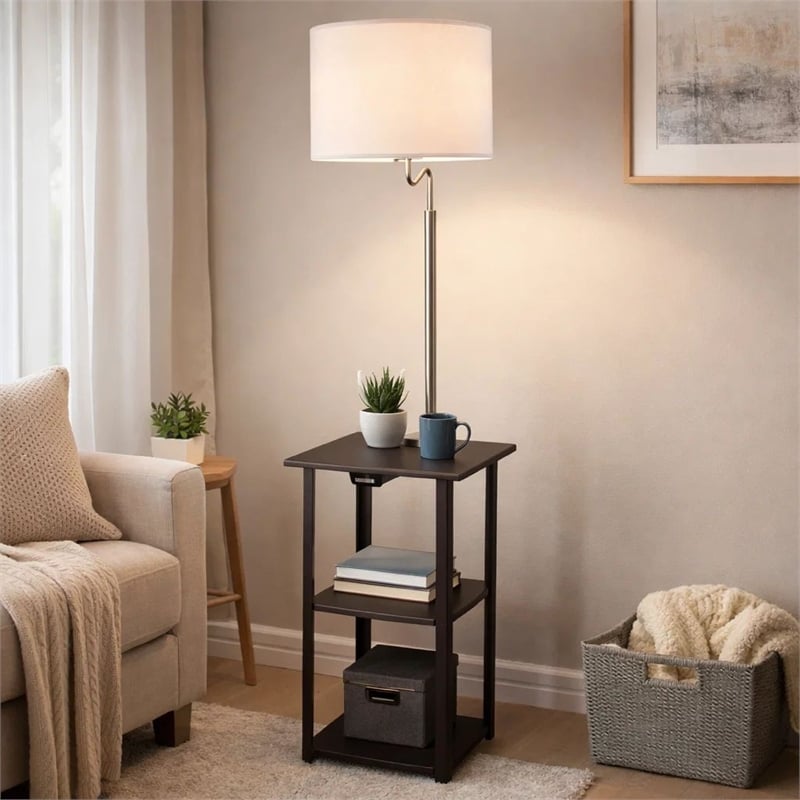 Accent Table Lamp with Shelves and USB Ports- 58 Inch- White Drum Shade