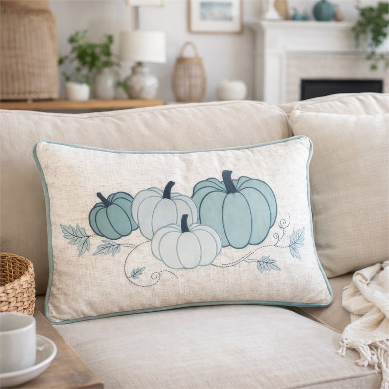 Niva Lumbar Pillow- Blue Embroidered Pumpkin- Ivory Cotton-Blend 14x20