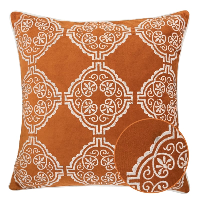 Niva Square Throw Pillow- Damask Embroidery- Burnt Orange Velvet 20 Inch