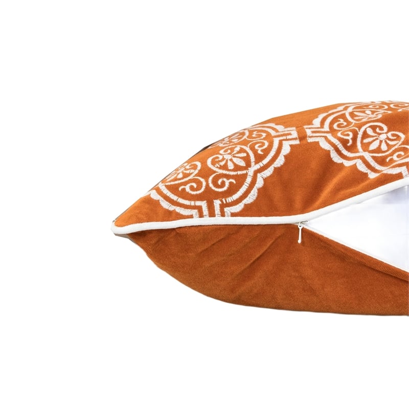 Niva Square Throw Pillow- Damask Embroidery- Burnt Orange Velvet 20 Inch
