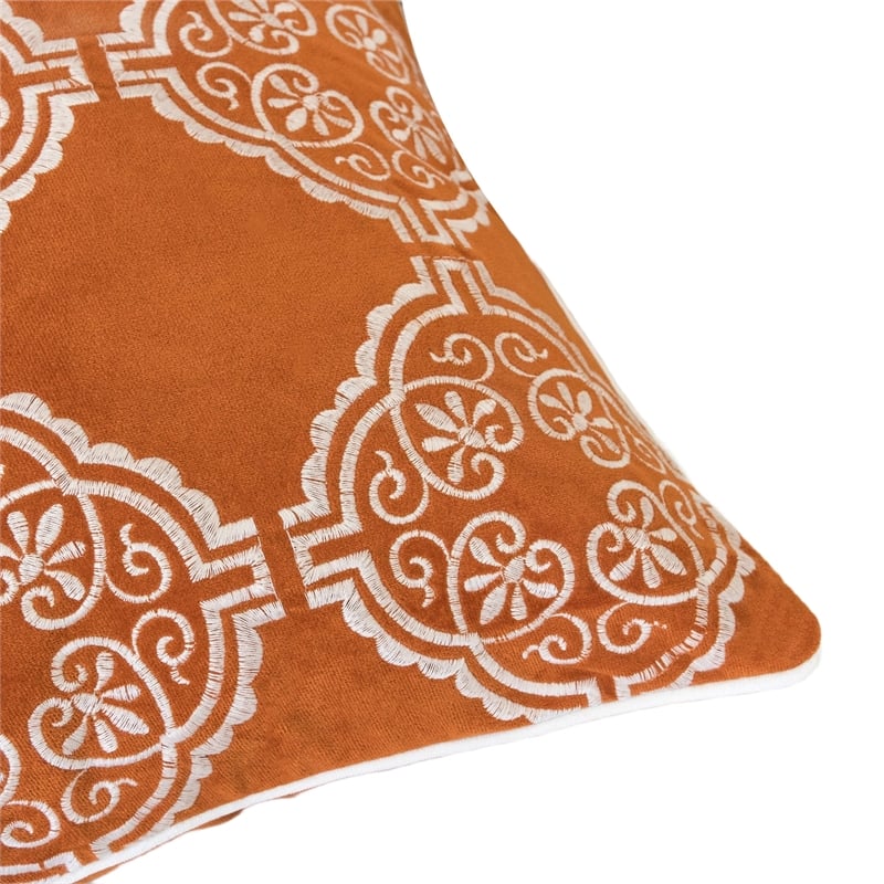 Niva Square Throw Pillow- Damask Embroidery- Burnt Orange Velvet 20 Inch