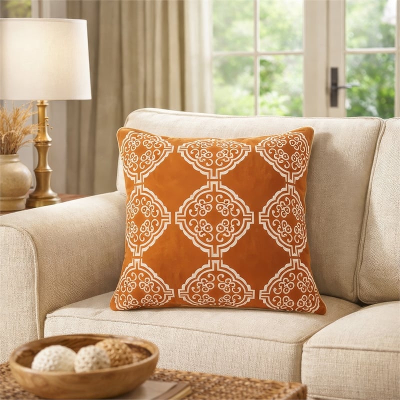 Niva Square Throw Pillow- Damask Embroidery- Burnt Orange Velvet 20 Inch