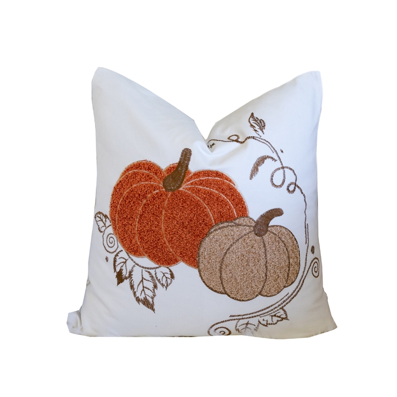 Niva Square Throw Pillow- Embroidered Rust Pumpkins- White Cotton 20 Inch
