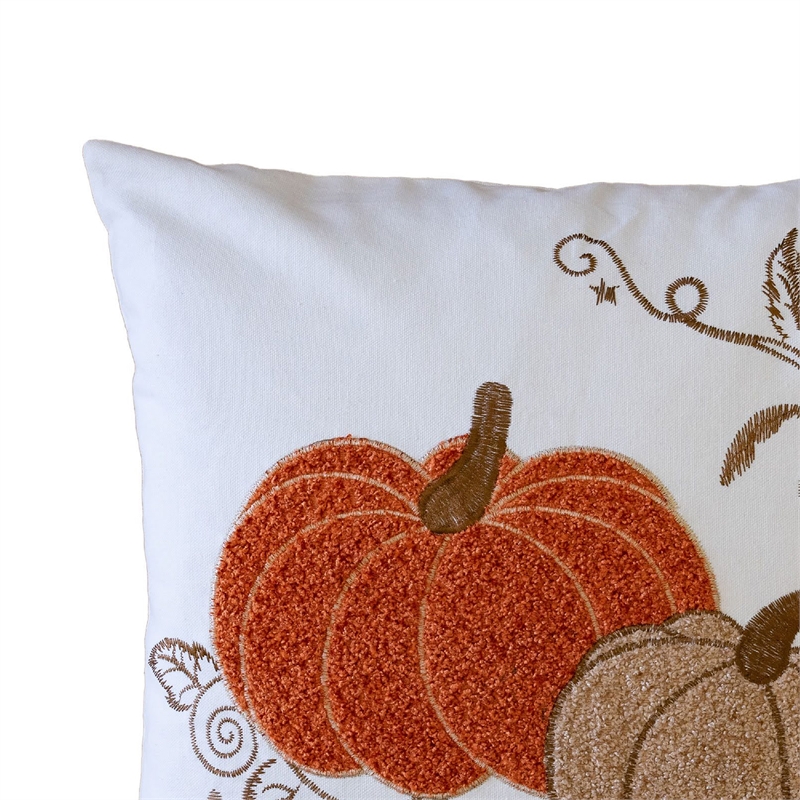 Niva Square Throw Pillow- Embroidered Rust Pumpkins- White Cotton 20 Inch
