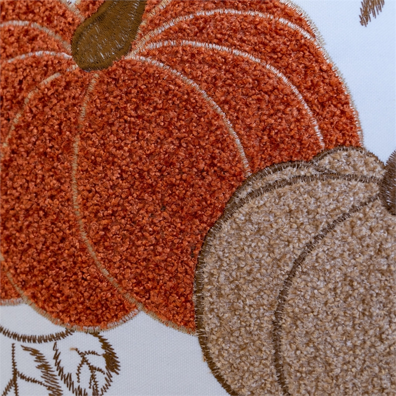 Niva Square Throw Pillow- Embroidered Rust Pumpkins- White Cotton 20 Inch