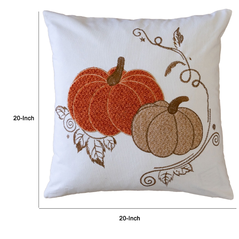 Niva Square Throw Pillow- Embroidered Rust Pumpkins- White Cotton 20 Inch