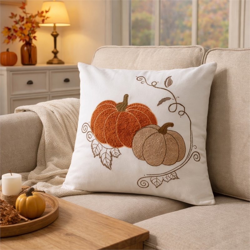 Niva Square Throw Pillow- Embroidered Rust Pumpkins- White Cotton 20 Inch
