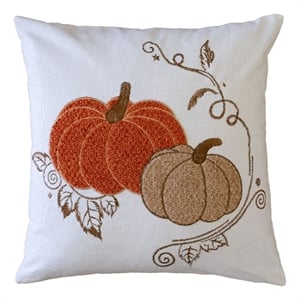 Niva Square Throw Pillow- Embroidered Rust Pumpkins- White Cotton 20 Inch