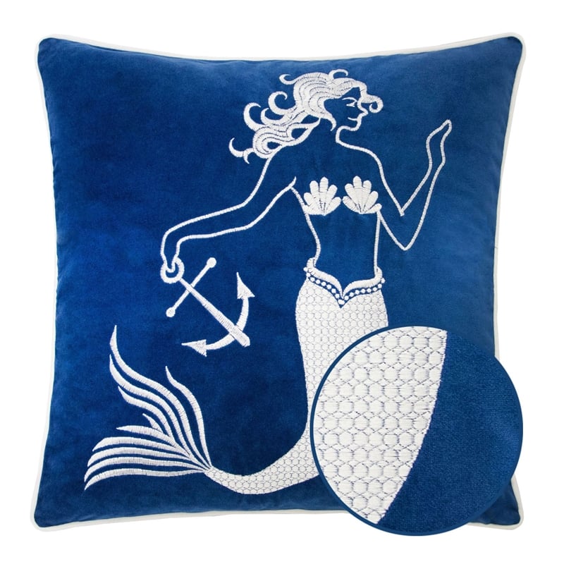 Niva Square Throw Pillow- Embroidered White Mermaid- Blue Velvet- 20 Inch