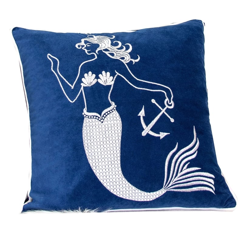 Niva Square Throw Pillow- Embroidered White Mermaid- Blue Velvet- 20 Inch