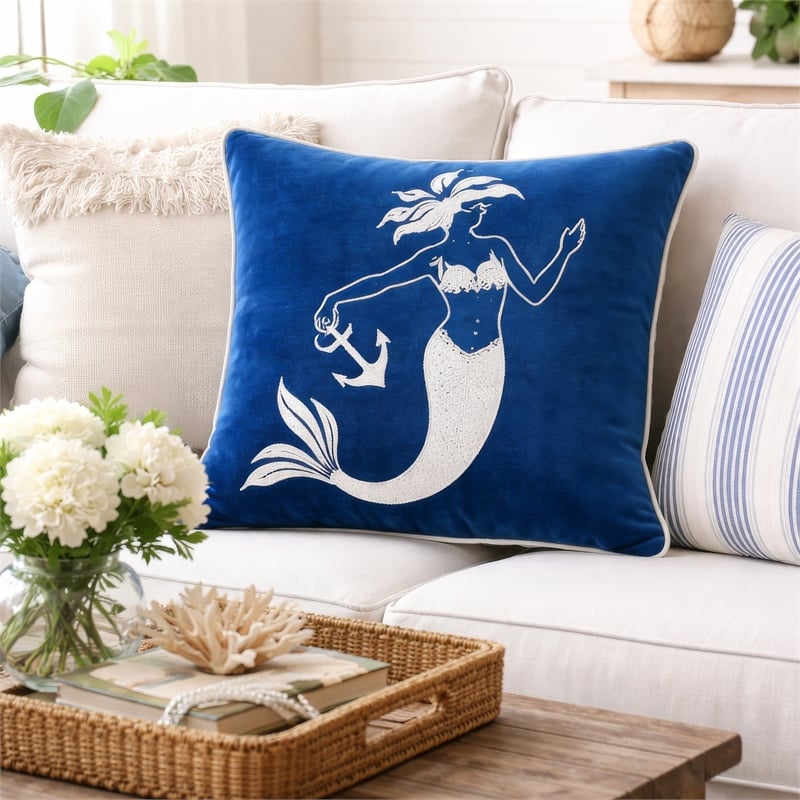 Niva Square Throw Pillow- Embroidered White Mermaid- Blue Velvet- 20 Inch