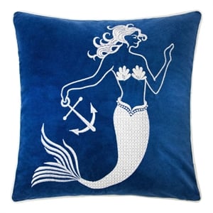 Niva Square Throw Pillow- Embroidered White Mermaid- Blue Velvet- 20 Inch