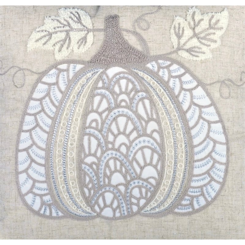 Niva Square Throw Pillow- Lace Embroidered Pumpkin- Linen-Blend Taupe 20 Inch