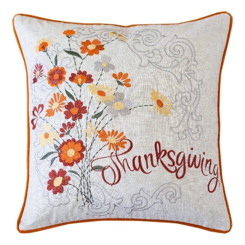 Niva Square Throw Pillow- Thanksgiving Embroidery- Orange Cotton-Blend 20 Inch