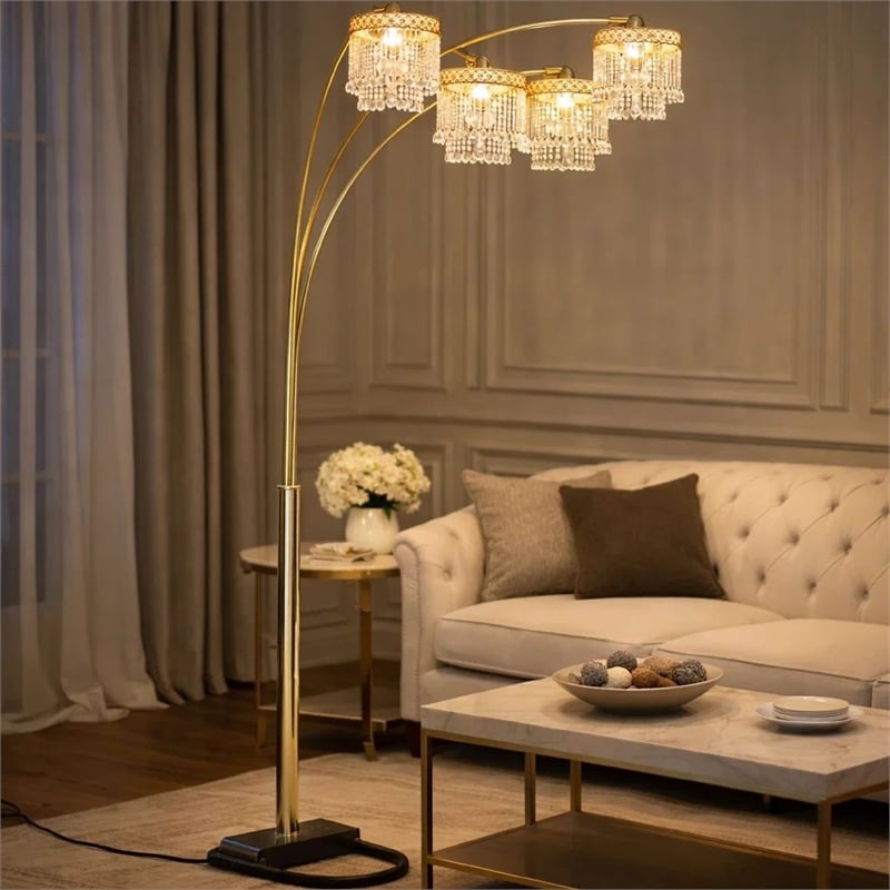 Kyle Arch Floor Lamp- Adjustable Arms- 4 Square Crystal Shades- Black- Gold