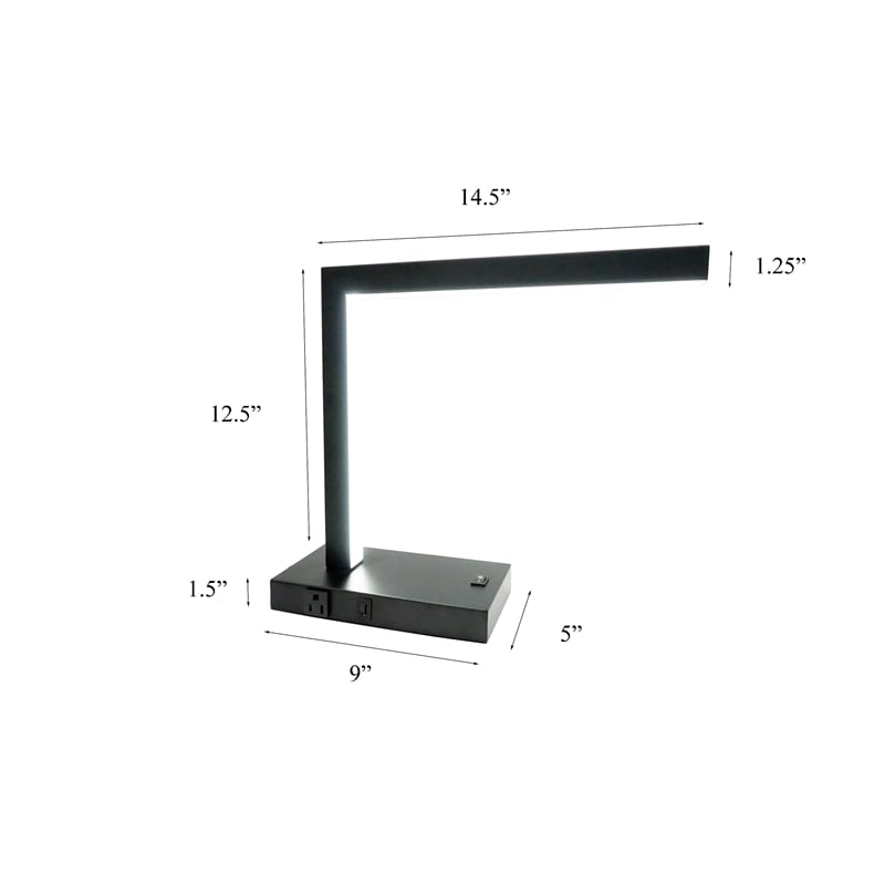 L Shaped LED Desk Lamp- USB and Power Outlet- Rocker Switch- Chrome Metal