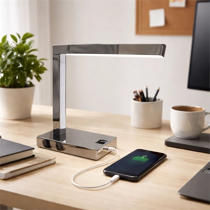 L Shaped LED Desk Lamp- USB and Power Outlet- Rocker Switch- Chrome Metal