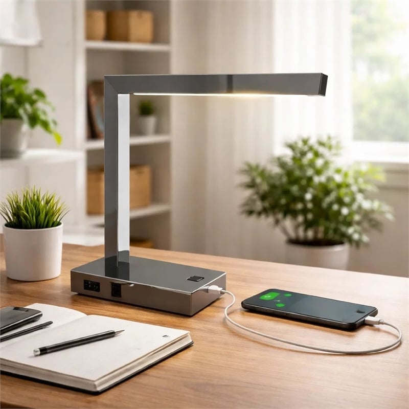 L Shaped LED Desk Lamp- USB and Power Outlet- Rocker Switch- Chrome Metal