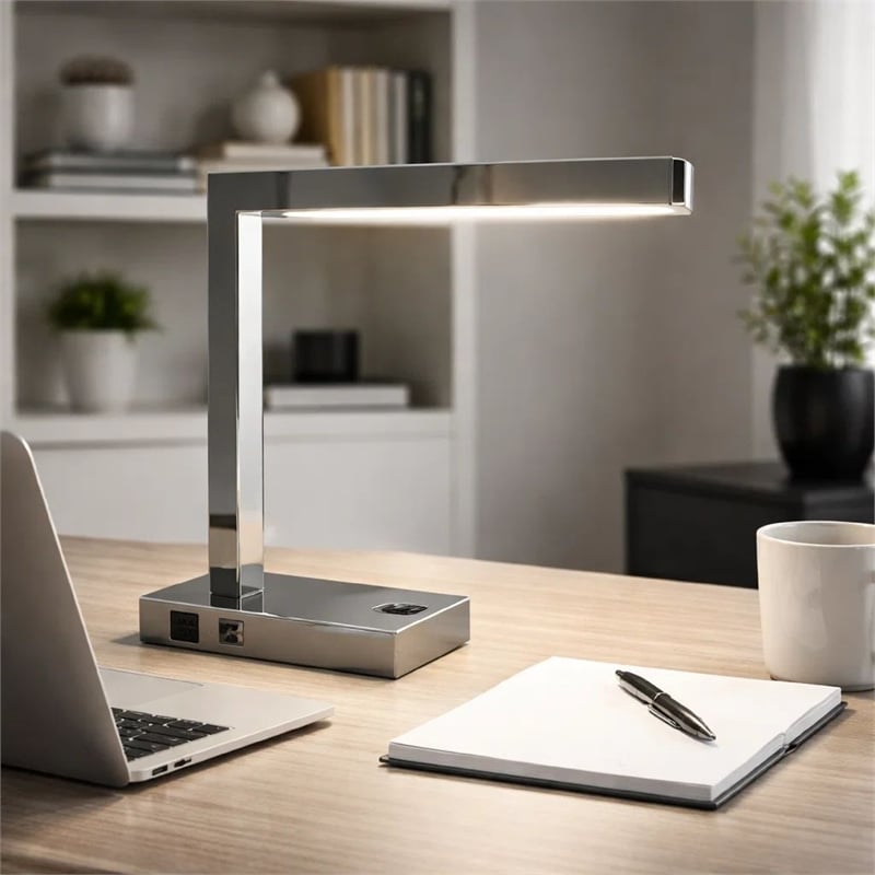 L Shaped LED Desk Lamp- USB and Power Outlet- Rocker Switch- Chrome Metal
