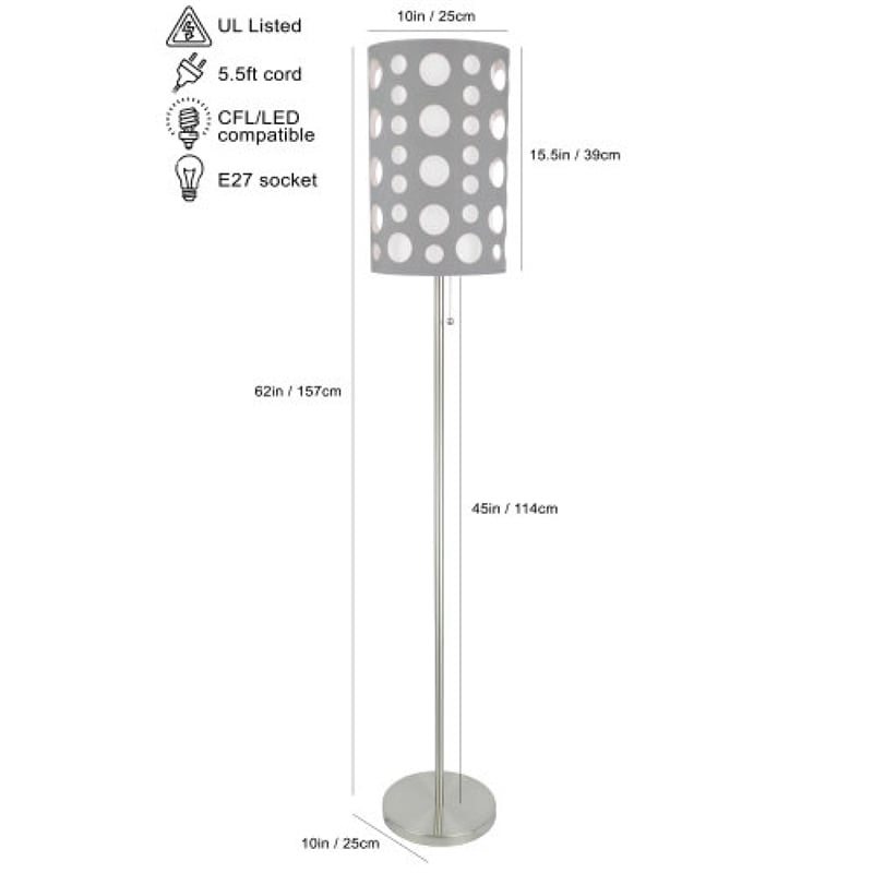 Retro Floor Lamp- 62 Inch- Gray and White Drum Shade- Pull Chain Switch