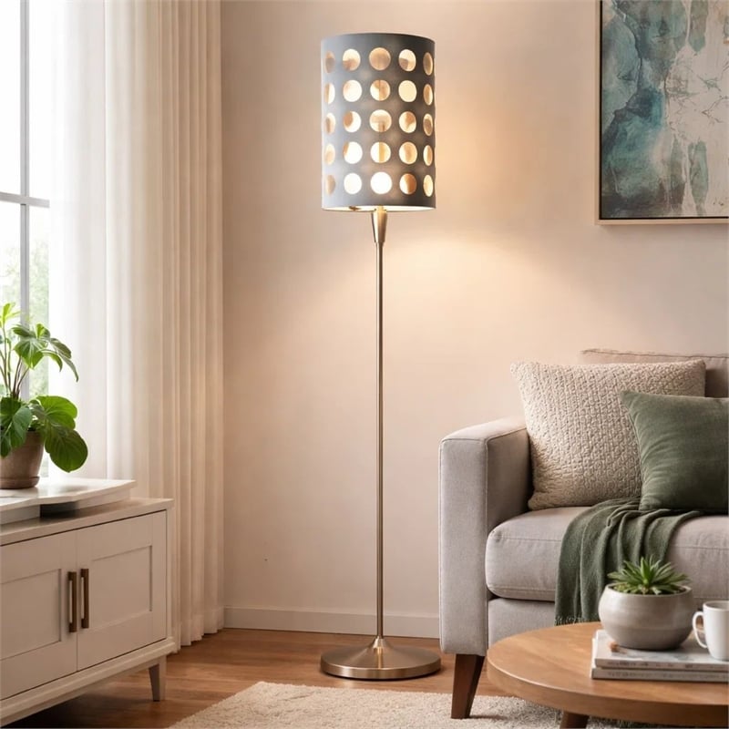 Retro Floor Lamp- 62 Inch- Gray and White Drum Shade- Pull Chain Switch