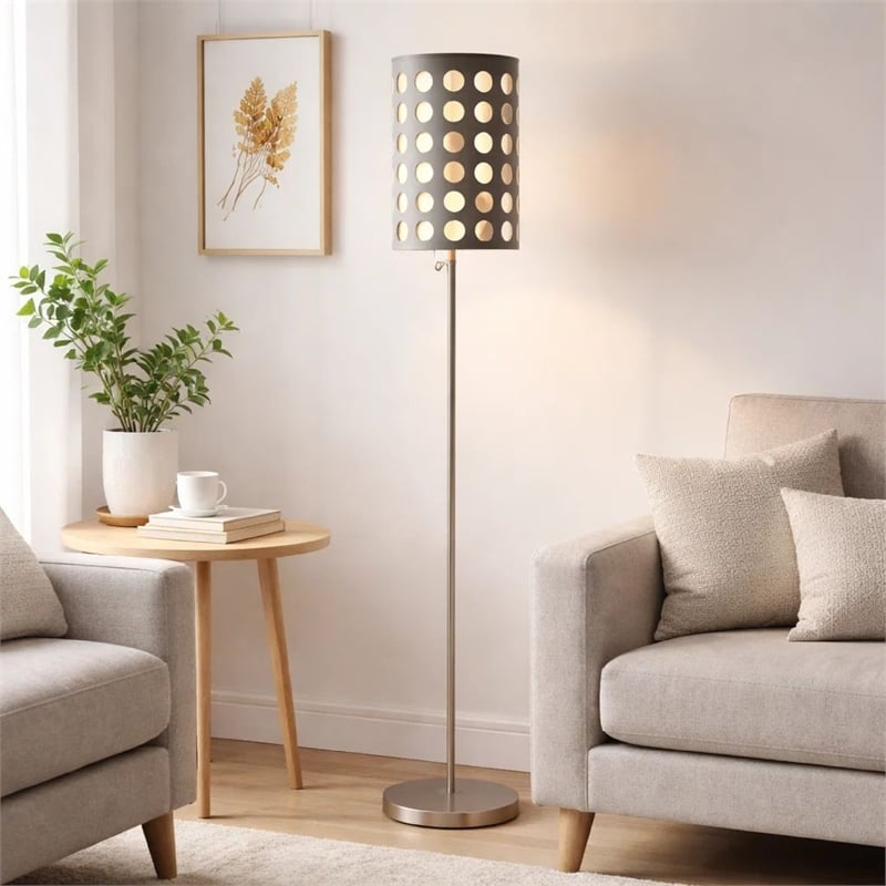Retro Floor Lamp- 62 Inch- Gray and White Drum Shade- Pull Chain Switch