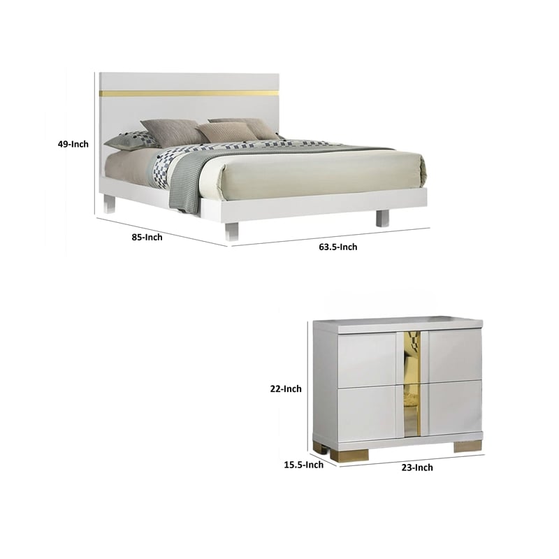 Queen Bedroom Set- White- Gold Wood- 3 Piece Set with 2 Nightstands