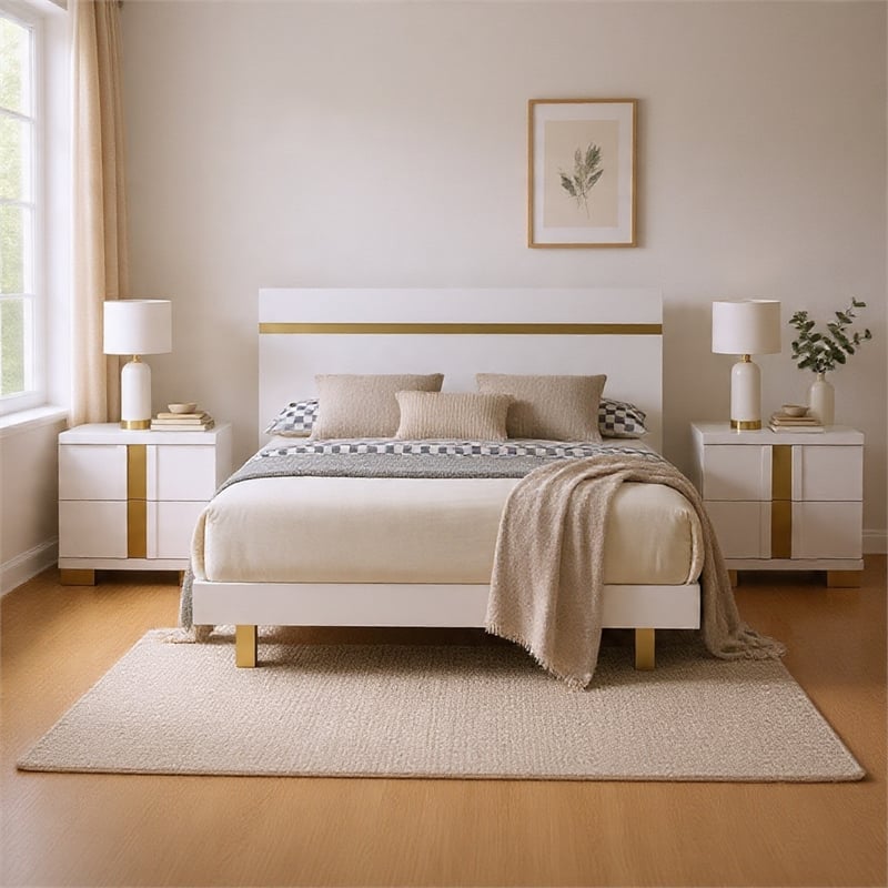 Queen Bedroom Set- White- Gold Wood- 3 Piece Set with 2 Nightstands