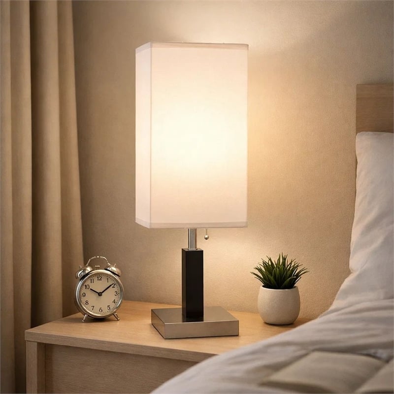 Table Lamp- White Fabric Shade- Square Brown Body- Chrome Metal Base