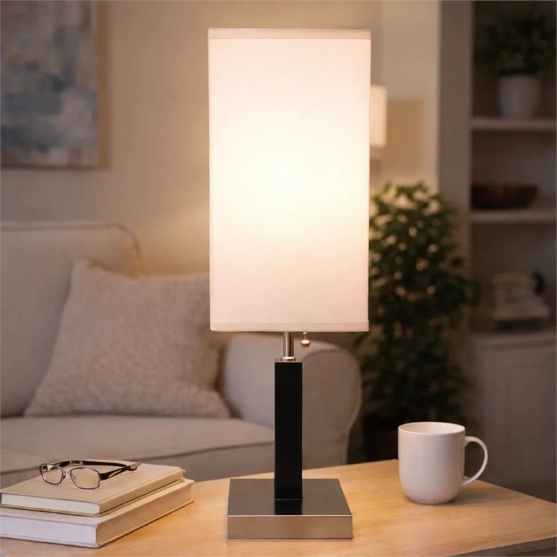 Table Lamp- White Fabric Shade- Square Brown Body- Chrome Metal Base