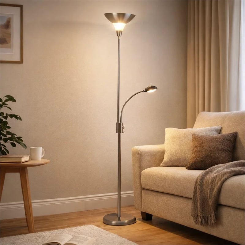 Torchiere Floor Lamp w LED Reading Light- Adjustable Arm- Satin Nickel