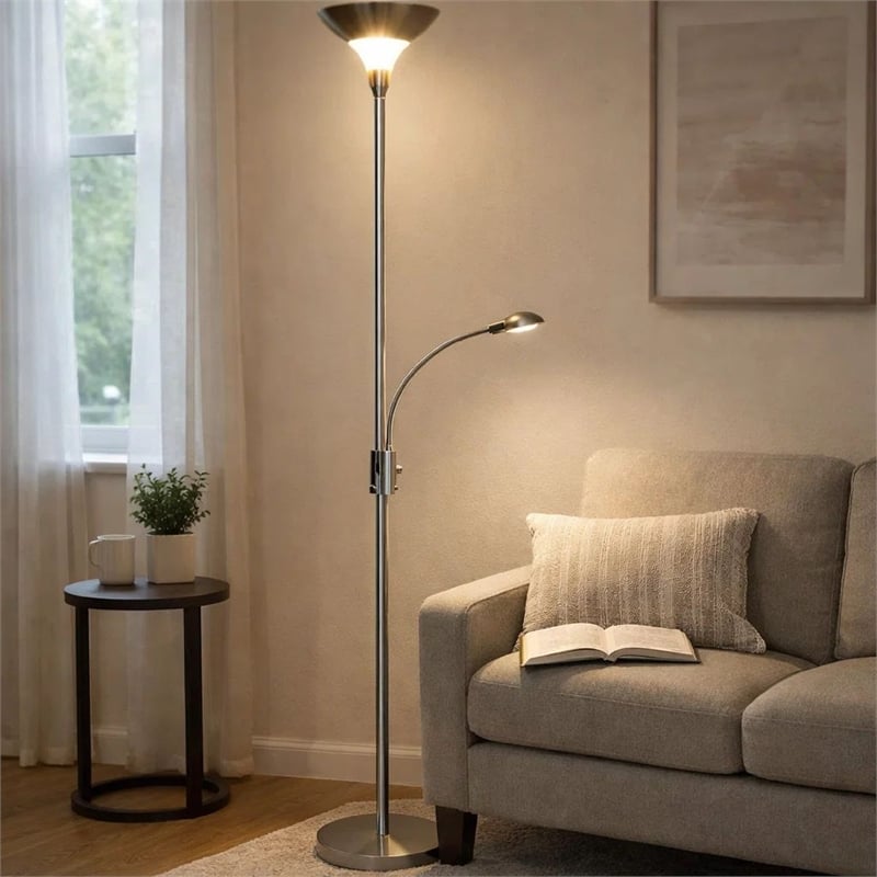 Torchiere Floor Lamp w LED Reading Light- Adjustable Arm- Satin Nickel
