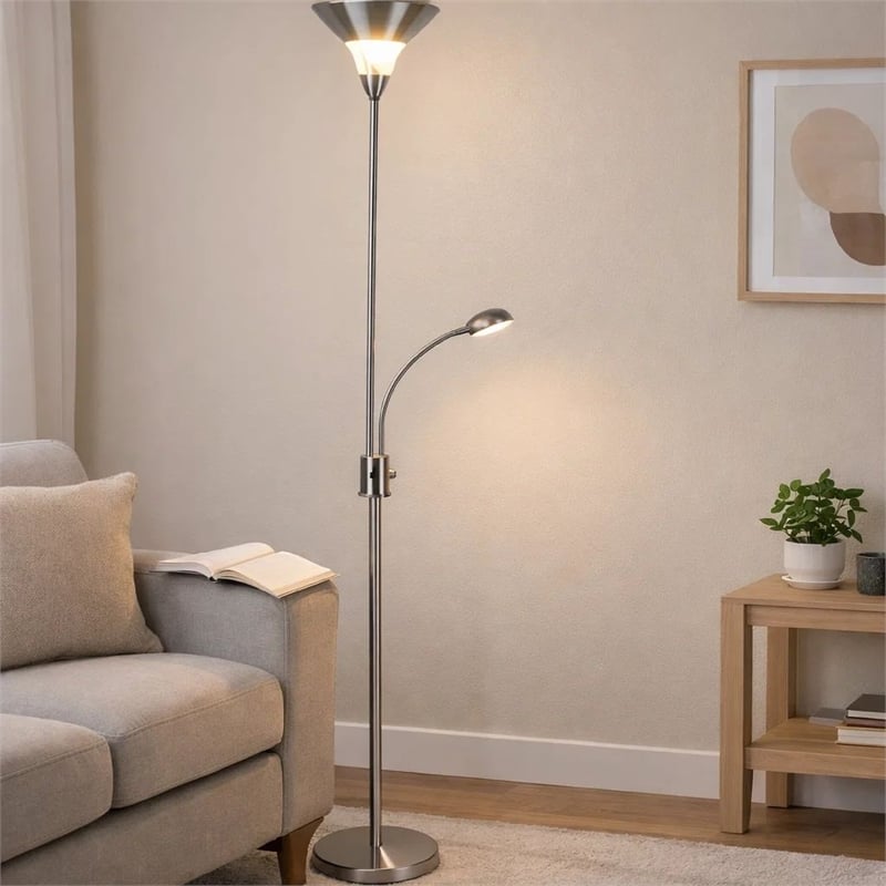 Torchiere Floor Lamp w LED Reading Light- Adjustable Arm- Satin Nickel
