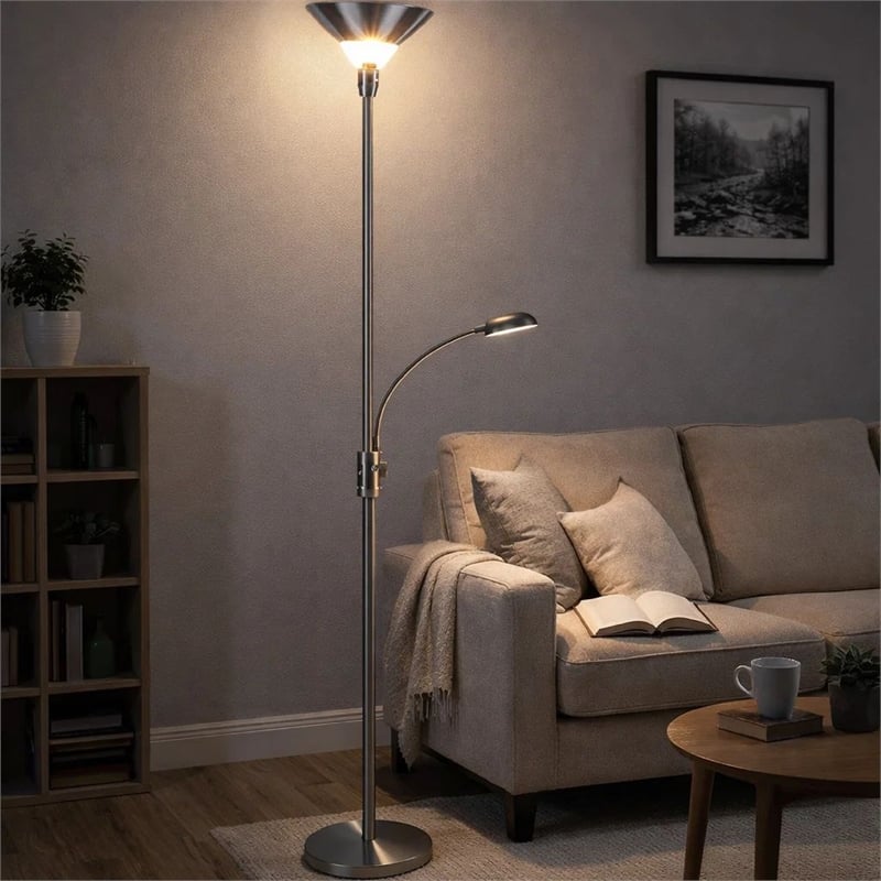 Torchiere Floor Lamp w LED Reading Light- Adjustable Arm- Satin Nickel