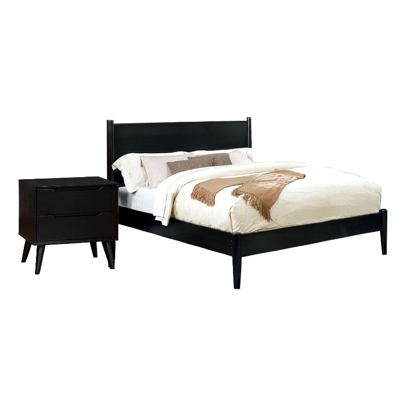 Queen Bedroom Set- Black Wood- 2 Piece Set with Nightstand