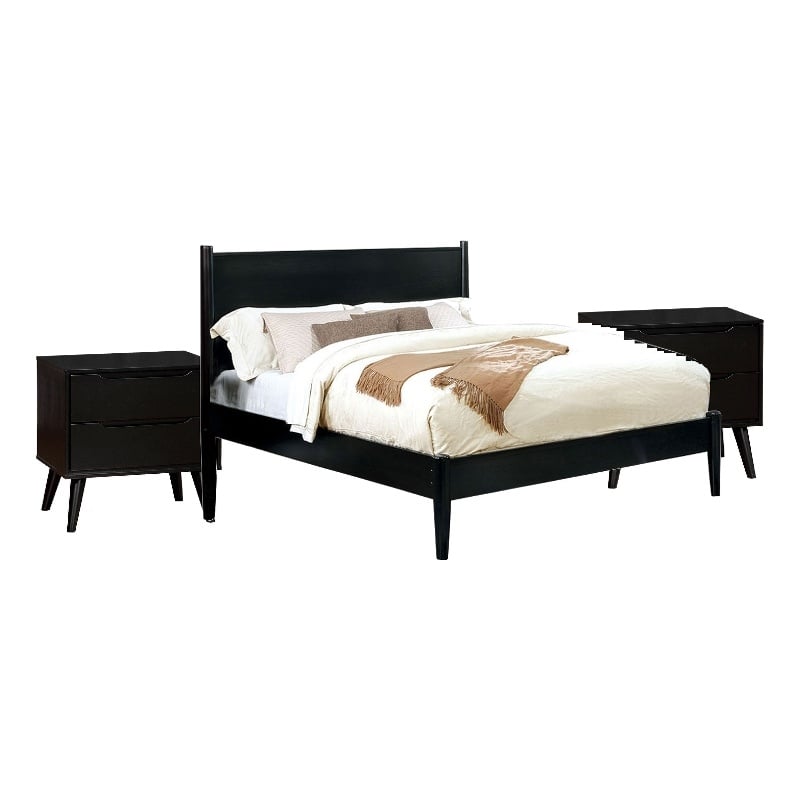 Queen Bedroom Set- Black Wood- 3 Piece Set with 2 Nightstands